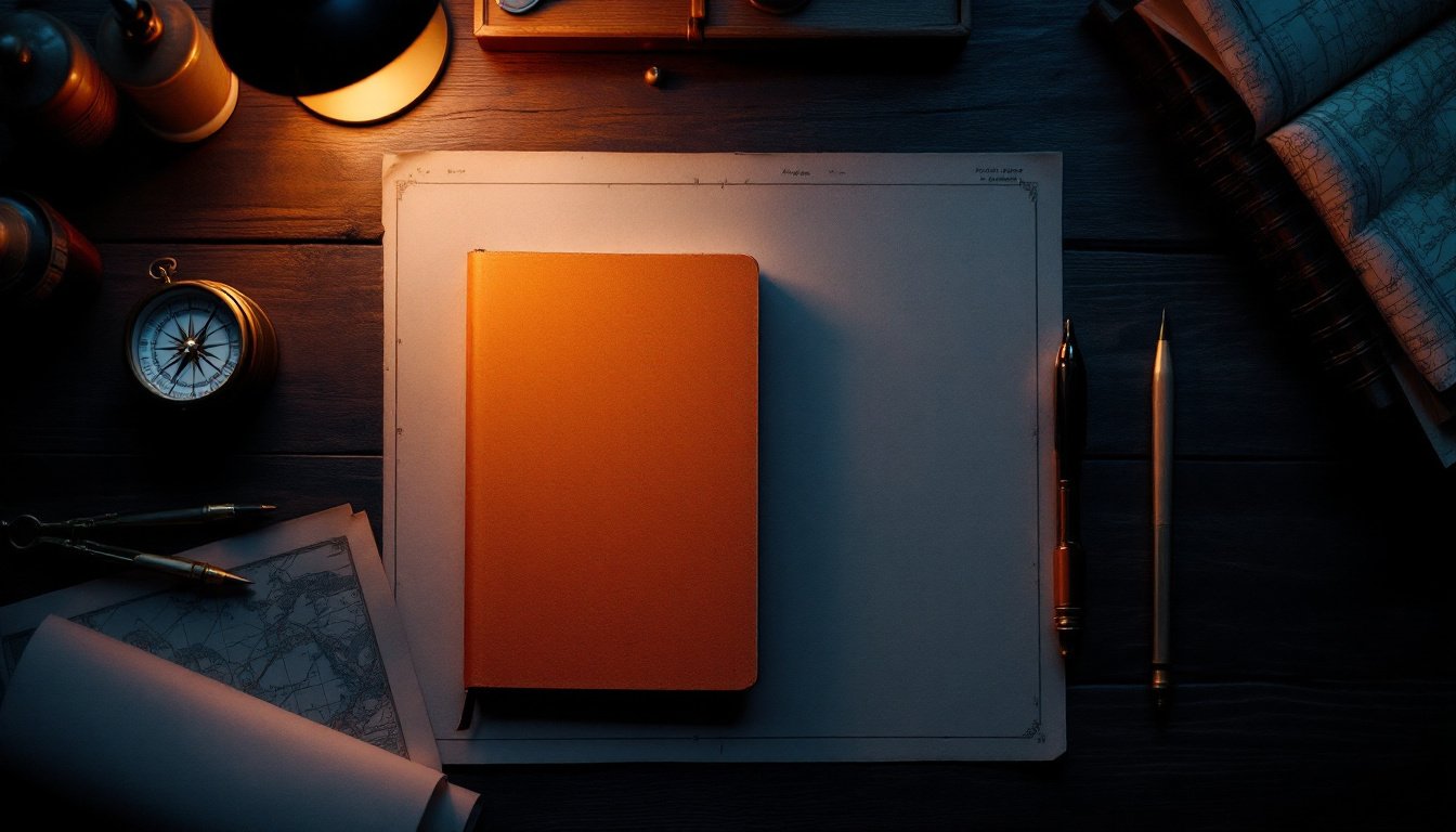 An overhead view of a dark walnut desk at night: a closed burnt-orange notebook, a brass compass and a folded map under a warm lamp.