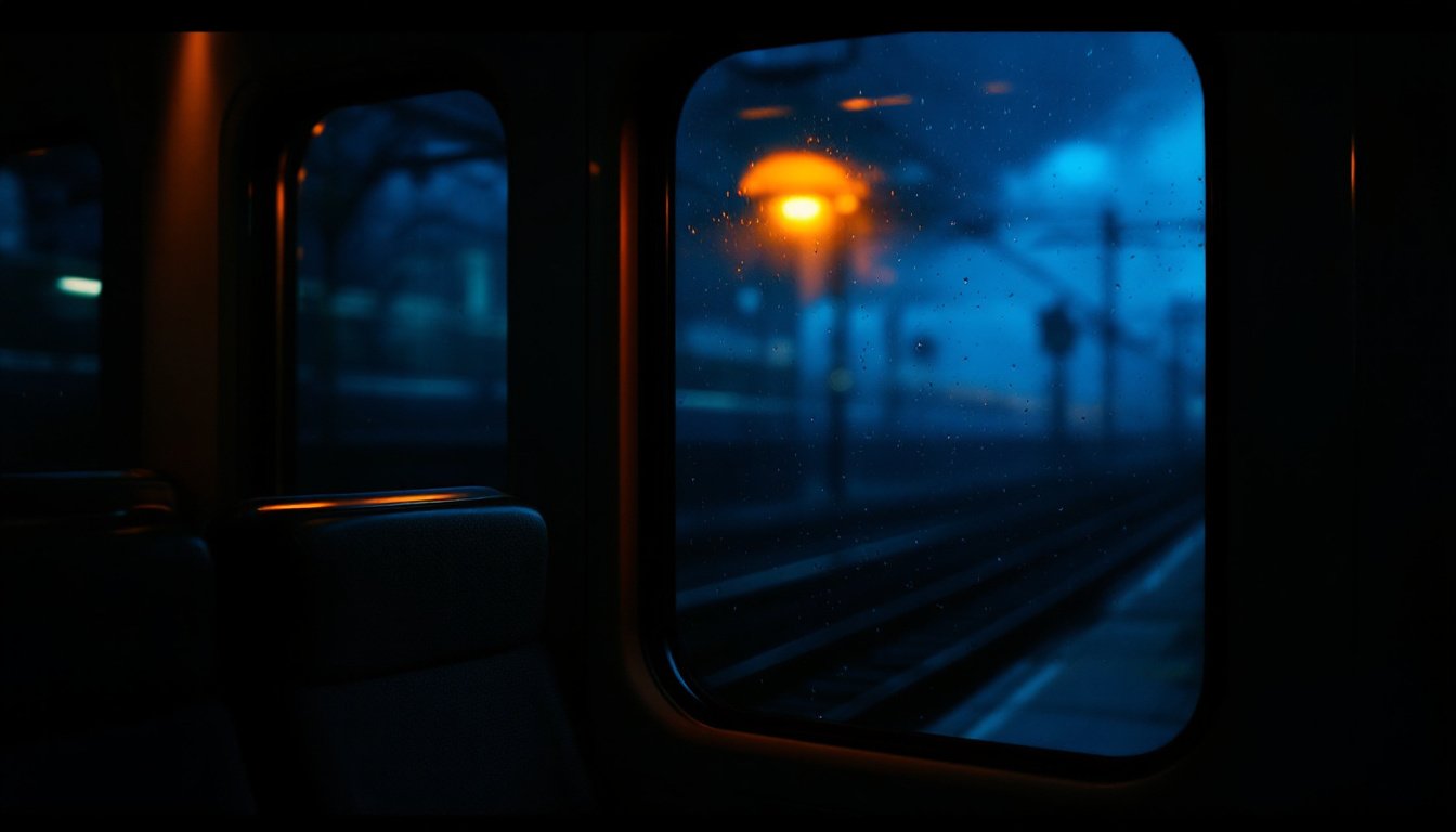 A rain-flecked night train window with a single warm platform lamp glowing beyond the glass and empty seats in the dark compartment.