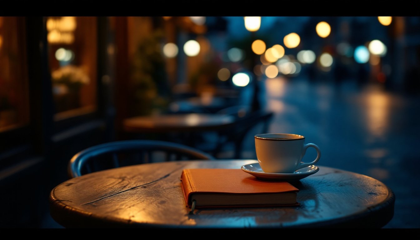 A closed pocket phrasebook and an espresso cup on a small café table at night, warm lamplight against a deep blue street.